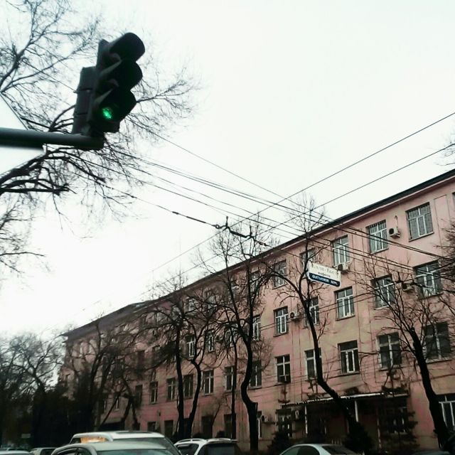 Straße mit Ampel und Haus in Bischkek