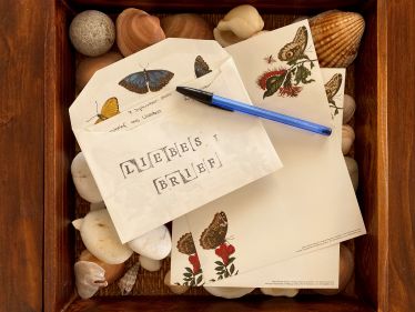 Ein Briefset mit den Worten "Liebesbrief" liegt auf einer Schale mit Muscheln.