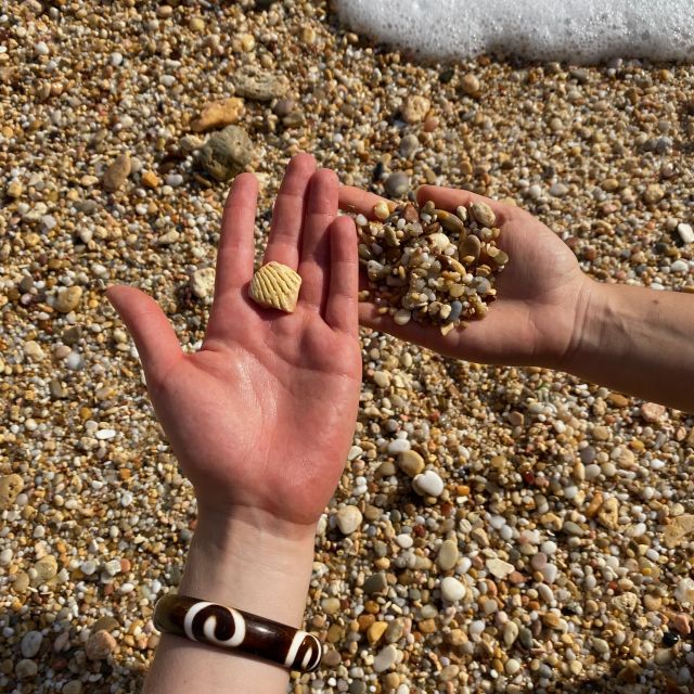 In den Händen halten wir Steine und Muscheln vom Strand
