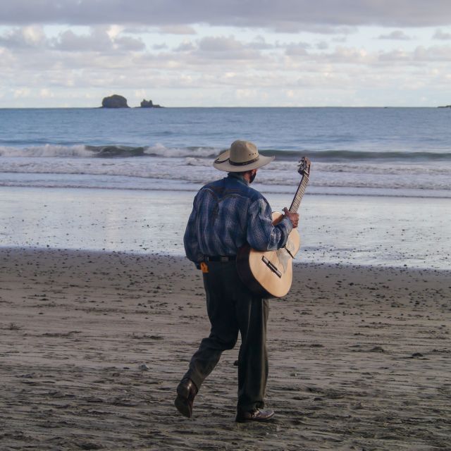 Mann mit Gitarre am Strand, von hinten fotografiert.