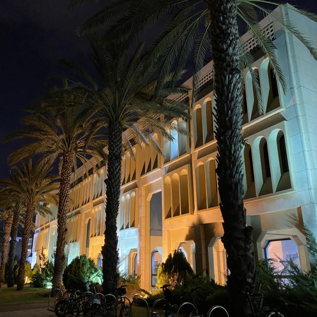 Auf dem Bild ist ein beleuchtetes Universitätsgebäude in der Dunkelheit zu sehen, sowie drei Palmen.