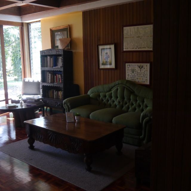 Ein dunkel holzvertäfeltes Zimmer mit einer grünen Couch und Holzmöbeln.