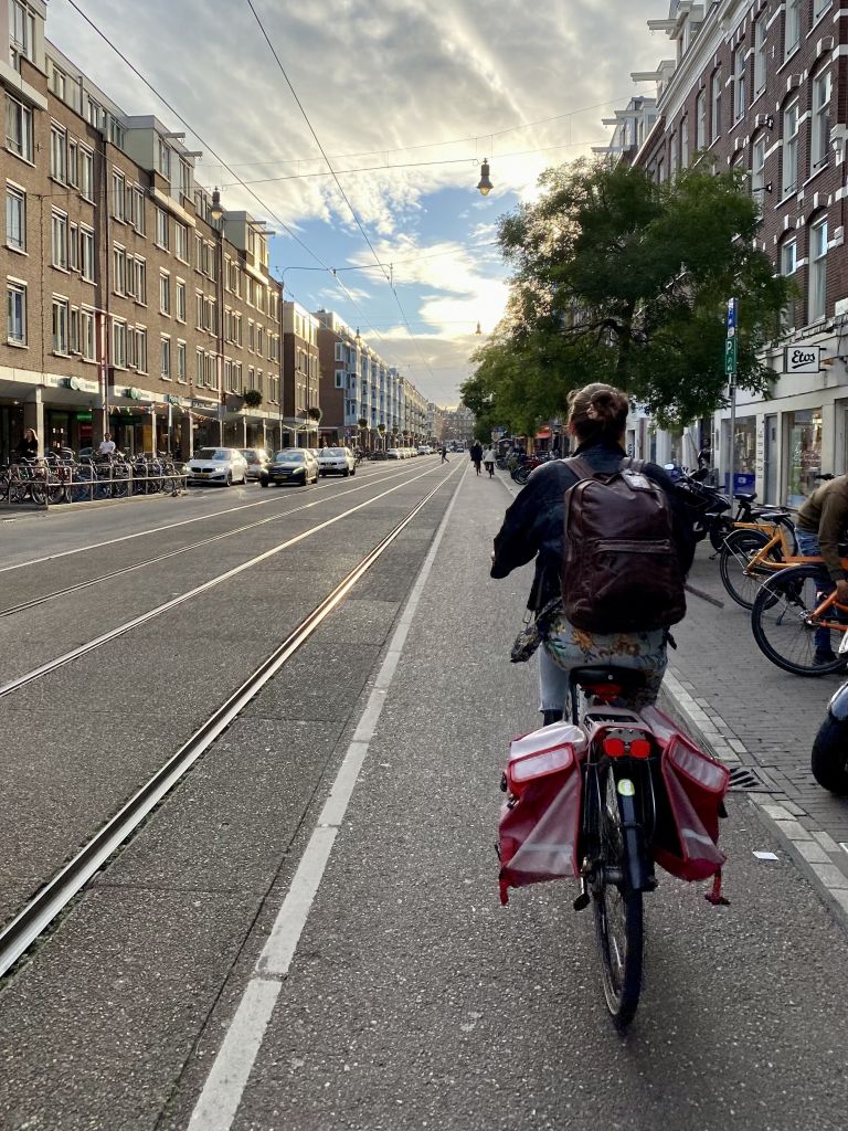 Man sieht mich von hinten wie ich mit meinem Fahrrad durch eine Straße in Amsterdam fahre.