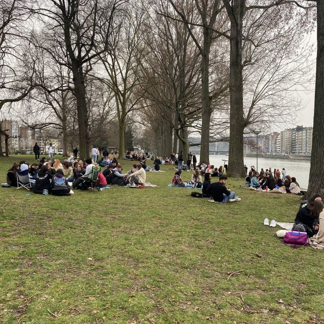 Ein Park mit Menschen auf Picknickdecken