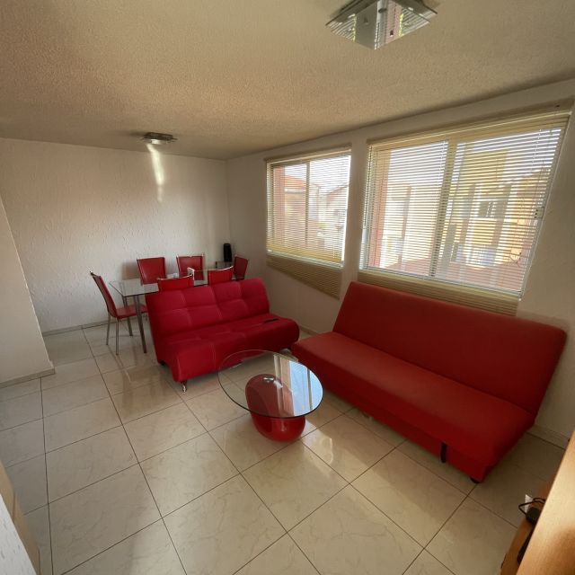Wohnzimmer mit roten Möbeln