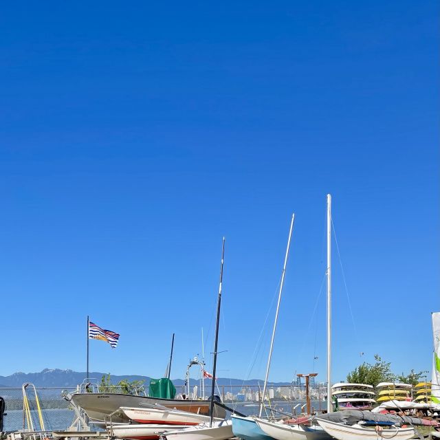 Flagge von British Columbia und Bootsmasten vor blauem Himmel.