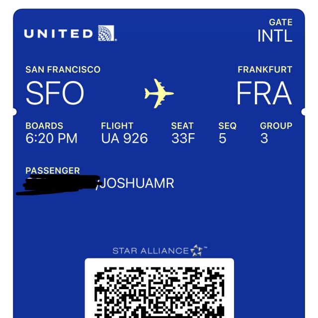 Eine digitale Boardkarte von United Airlines mit allen üblichen Angaben für den Flug von San Francisco nach Frankfurt.