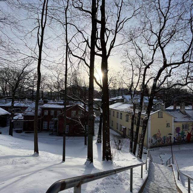 Treppe führt von einem Park auf die Straße, es liegt Schnee und die Sonne scheint durch die Bäume