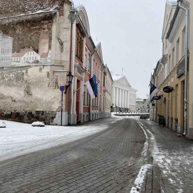 Blick auf eine Straße in Tartu, im Hintergrund ist das alte Universitätsgebäude zu sehen