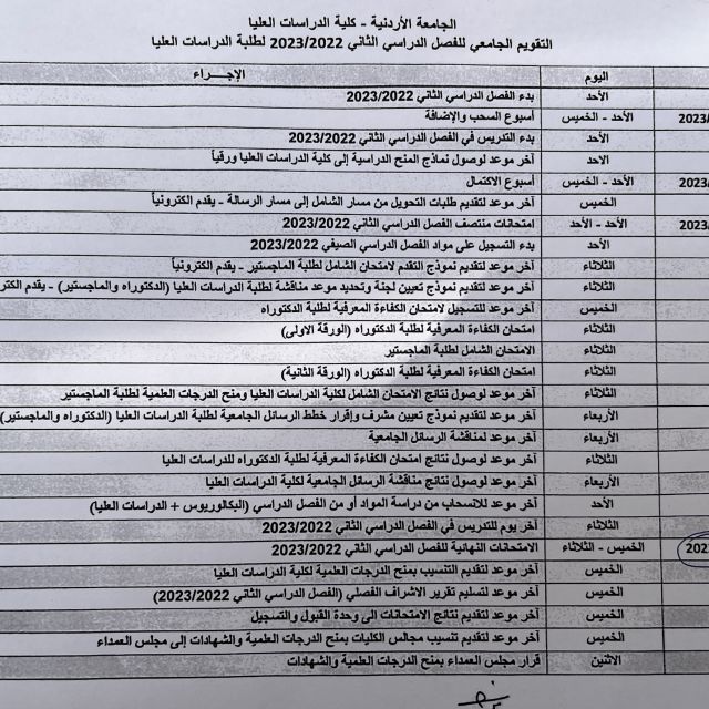 Der Semesterplan für das Sommersemester 2023 in arabischer Sprache