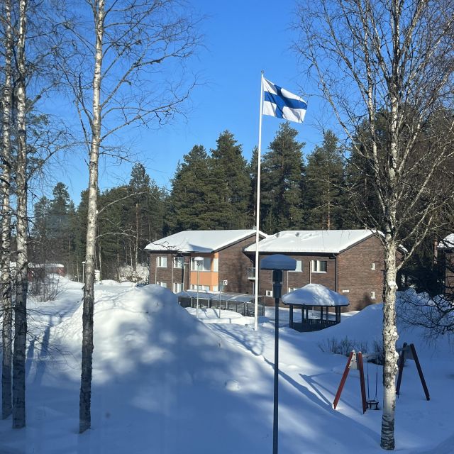 Finnische Flagge umgeben schon Schneebergen