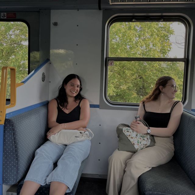 Meine zwei Freundinnen sitzen in der ungarischen Bahn. Im Hintergrund ein großes Fenster aus dem man grüne Bäume sehen kann.